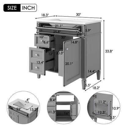 US Local 30'' Bathroom Vanity With Top Sink, Modern Bathroom Storage Cabinet With 2 Drawers And A Tip-out Drawer, Freestanding Vanity Set With Mirror Cabinet, Single Sink Bathroom Vanity
