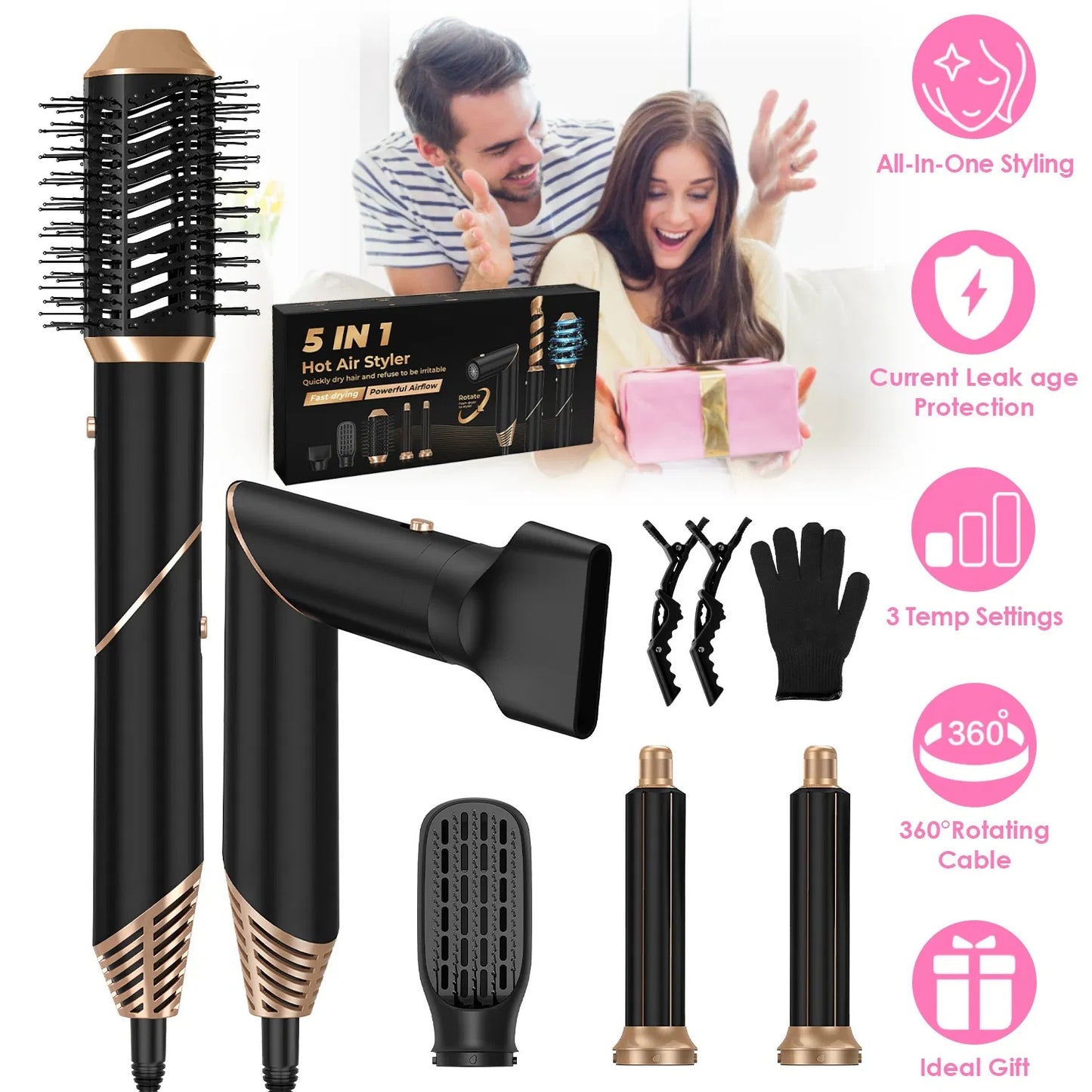 US Local 5 In 1 Hot Air Styler Straightener Curler Dryer Automatic Wrap Styler Hair Dryer Brush Set With 3 Temp Settings ALCI Plug Glove Cable Tie 2 Alligator Hair Clips GPCT5395