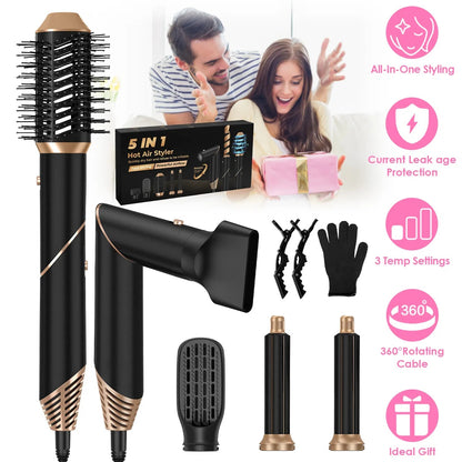 US Local 5 In 1 Hot Air Styler Straightener Curler Dryer Automatic Wrap Styler Hair Dryer Brush Set With 3 Temp Settings ALCI Plug Glove Cable Tie 2 Alligator Hair Clips GPCT5395