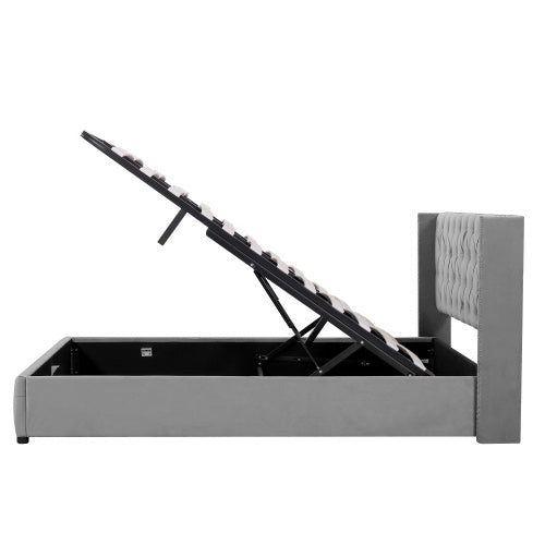 UK Local Upholstered Bed, With Hydraulic Lever, Functional Bed From Storage, 150 X 200 Cm, Without Mattress, Velvet, Gray