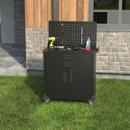 US Local Black Tool Cart With Pegboard And 4 Hooks,Garage Storage Cabinet On Wheels With 2 Drawer,Industrial Service Utility Tool Cart For Mechanics, Garage, Workshop