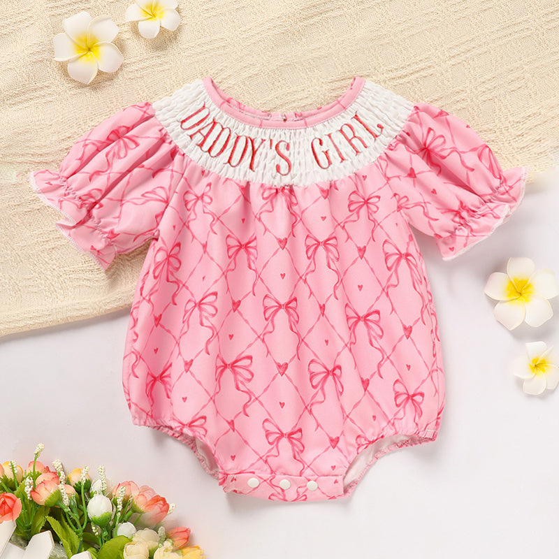 US Local Baby Girl's Bowknot Graphic Print Romper, Daddy's Girl Letter Print Triangle Jumpsuit With Bubble Sleeves