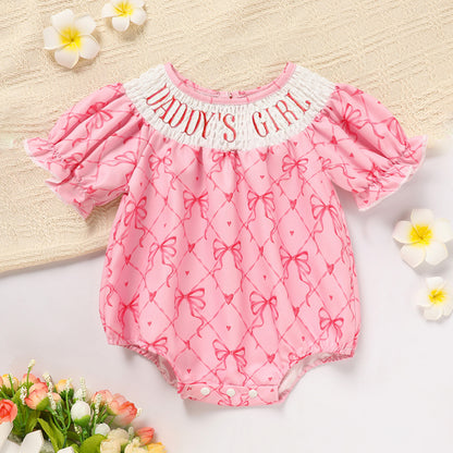 US Local Baby Girl's Bowknot Graphic Print Romper, Daddy's Girl Letter Print Triangle Jumpsuit With Bubble Sleeves