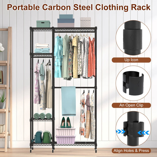 US Local 1Pc 4 Tier Heavy Duty Garment Rack With Wheels Carbon Steel Clothing Rack Portable Wardrobe Clothes Rack With 3 Hanging Rods 6 Footrests 44.9x17.13x77.95in