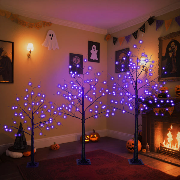 Set Of 3 Halloween Ghost Trees With Purple Lights, 4 Feet, 5 Feet, And 6 Feet, Black Glowing Trees For Halloween Decoration