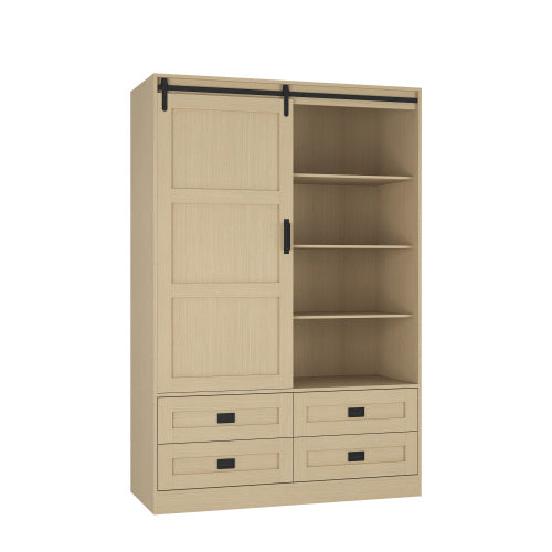 US Local Tall Bedroom Armoire Wardrobe Closet Clothing Storage Cabinet With Hanging Rod Barn Door Drawers Open Shelves