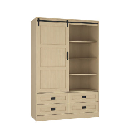 US Local Tall Bedroom Armoire Wardrobe Closet Clothing Storage Cabinet With Hanging Rod Barn Door Drawers Open Shelves