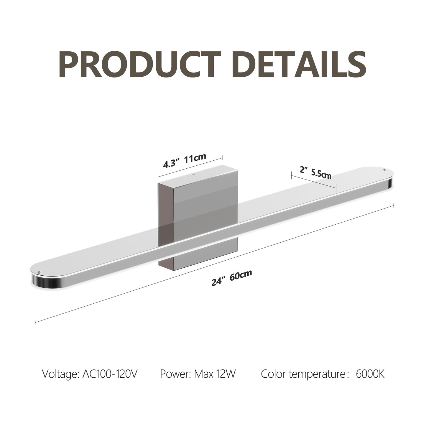 US Local Modern Bathroom Light Fixtures Dimmable LED Vanity Lights Chrome Lamps For Bathover Mirror 24 Inch Vanity Sconces Indoor 12W Bar Lighting For Bathrooms Restroom Bedroom 6000K Wall Light For Bathroom