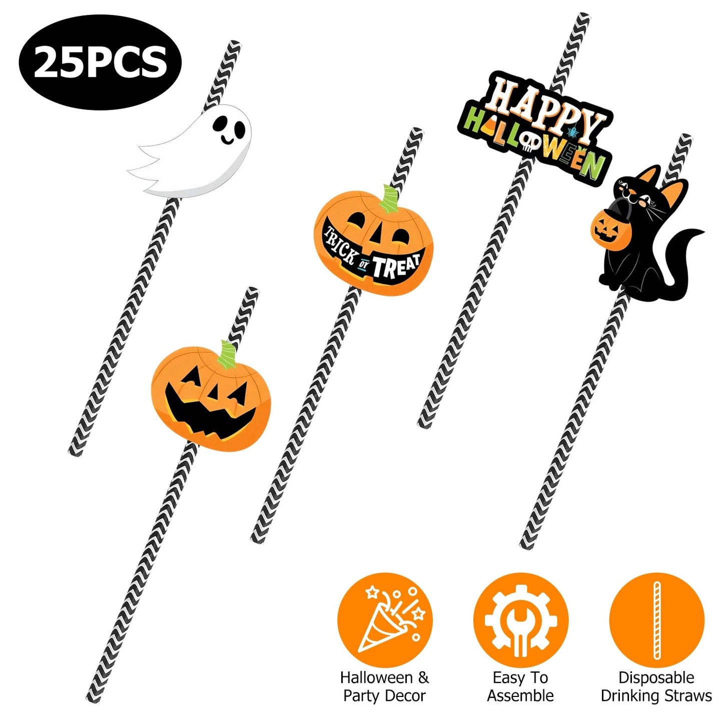 US Local Set Of 25Pcs Halloween Party Striped Decorative Straws Disposable Drinking Straws Paper Straw Decor Happy Halloween Ghost Lantern Black Cat Halloween Party Supplies