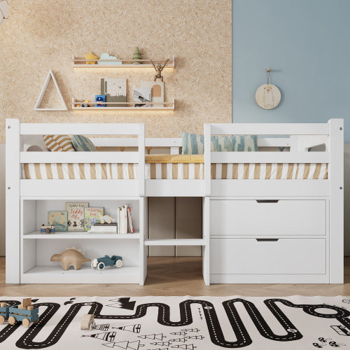 UK Local Wooden Bed, Storage Bed , Children S Bed, 3ft Single Bed 90x190cm, Safety Guardrail, Two Drawers With Slides, Two Storage Compartments, Pine Wood  Particle Board, White