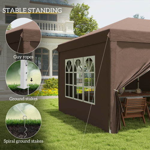 UK Local Outsunny 3 X 6 M Pop Up Gazebo With Sides And Windows, Height Adjustable Wedding Camping Party Tent Canopy Marquee With Storage Bag For Garden, Event, Brown