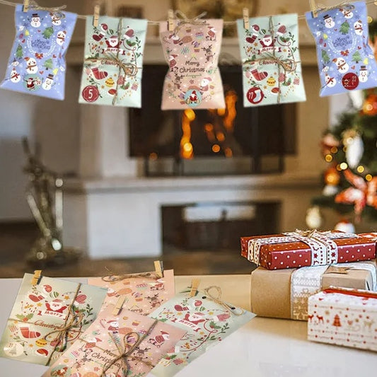 US Local 24Pcs Christmas Advent Calendar Bags Kit Envelope Shape Gift Bags With 1 To 24 Countdown Number Stickers Santa Claus Snowman Pattern Goodie Candy Treat Bag With Clips And Rope For Xmas Tree Decoration