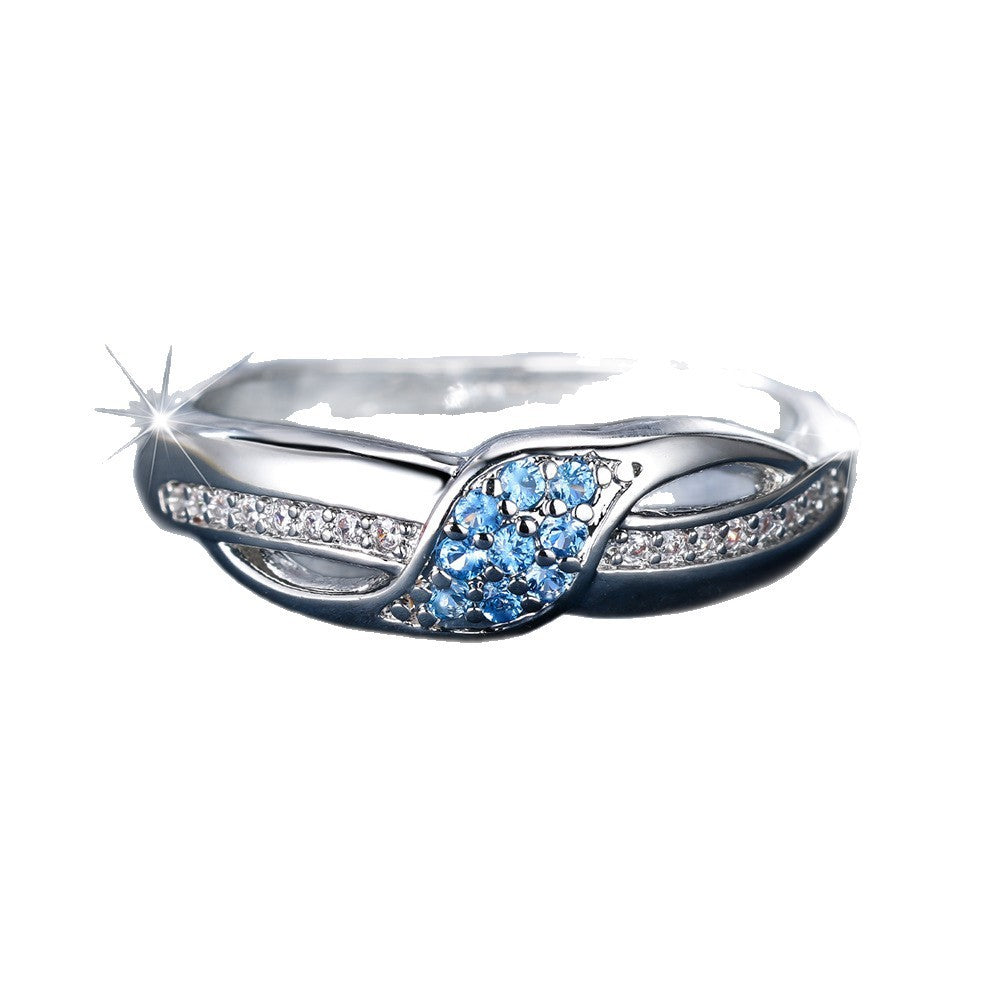 Sea Blue Diamond Edge Inlaid White Diamond Leaves Ring