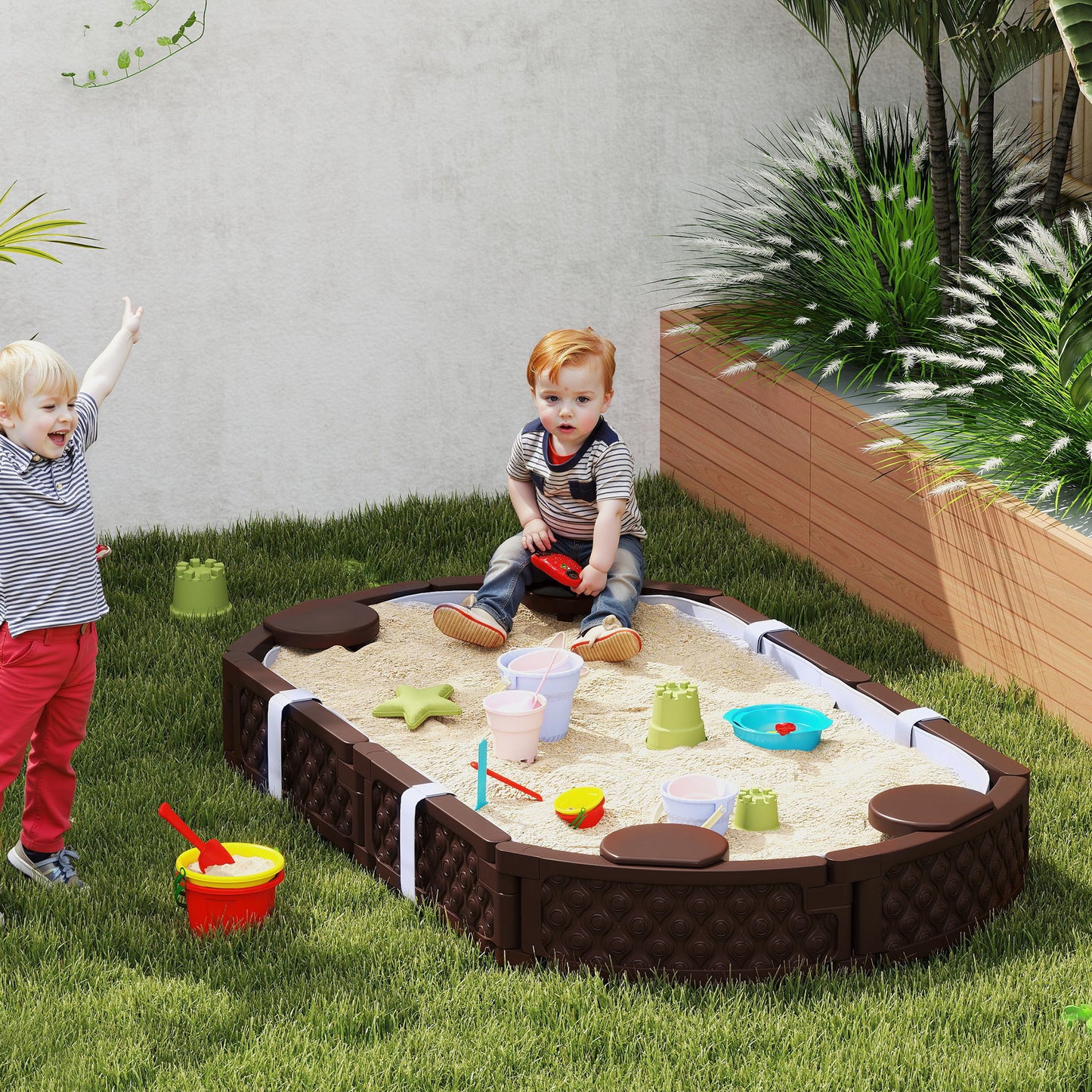 US Local Kids Sandbox With Cover, 4 Corner Seats, Bottom Liner For Backyard, Garden, Outdoor, 71 X 42 W X 9, Dark Brown