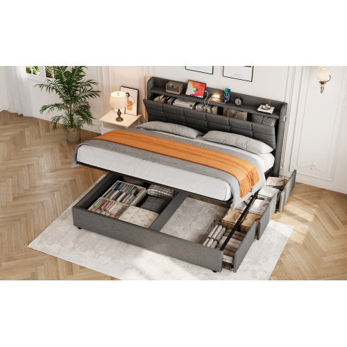 UK Local 5ft King Bed Frame With Hydraulic Storage, Linen Upholstered Bed With Concealed Headboard Storage And Drawers, Button Tufted Headboard With Charging Station And LED Night Light, Grey