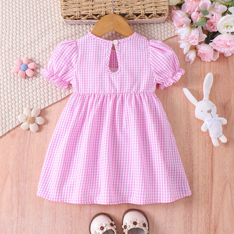 US Local Toddler Girl's Lapel Bubble Sleeve Dress, Checkered Pattern & Bunny Embroidery A-Line Summer Dress