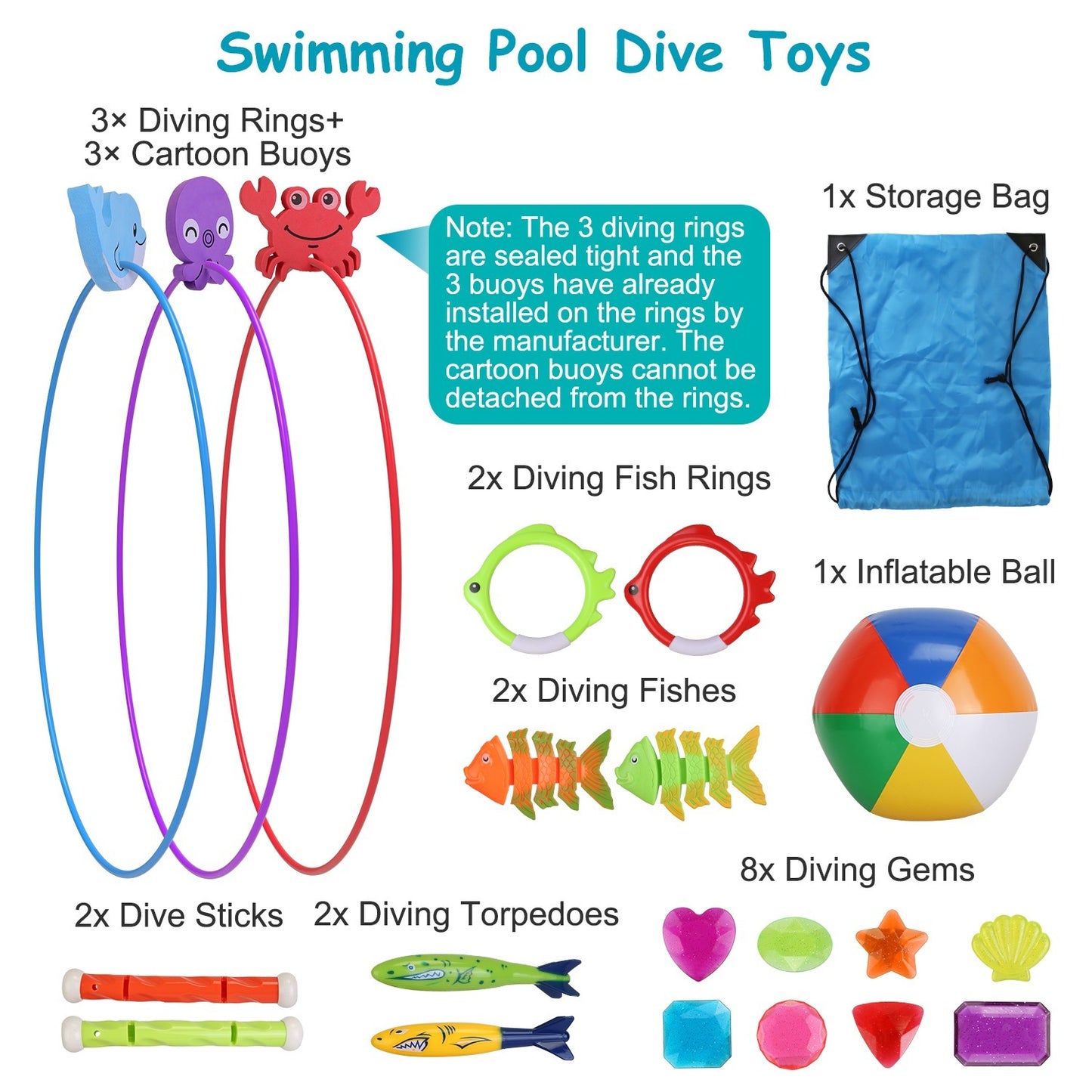 US Local Set Of 24Pcs Diving Toys Swimming Pool Toys Swim Toys For Kids Above Aged 3 Years Old Swim Thru Rings Torpedoes Gems Volleyball Storage Bag
