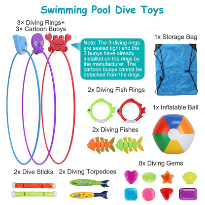 US Local Set Of 24Pcs Diving Toys Swimming Pool Toys Swim Toys For Kids Above Aged 3 Years Old Swim Thru Rings Torpedoes Gems Volleyball Storage Bag