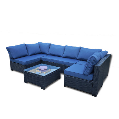 US Local Seven-Piece Sofa Set Table With Sofa Chair Black PE Rattan Outdoor Furniture 7-JH001 Box 3-1-2-3 With Blue Color Cushion