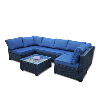 US Local Seven-Piece Sofa Set Table With Sofa Chair Black PE Rattan Outdoor Furniture 7-JH001 Box 3-1-2-3 With Blue Color Cushion