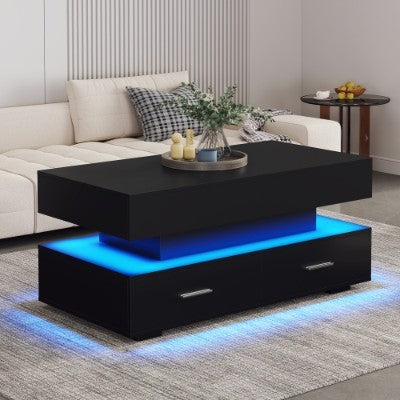 UK Local Hydraulic Lift Top Coffee Table, LED Coffee Tables With Storage For Living Room, Coffee Table With 2 Drawers & LED Light For Dining Reception Room, Black