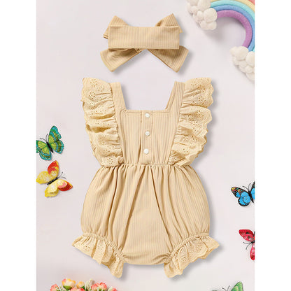US Local Infant Baby Girl Solid Color Square Neck Bow Onesie & Headband Adorable Summer Outfit