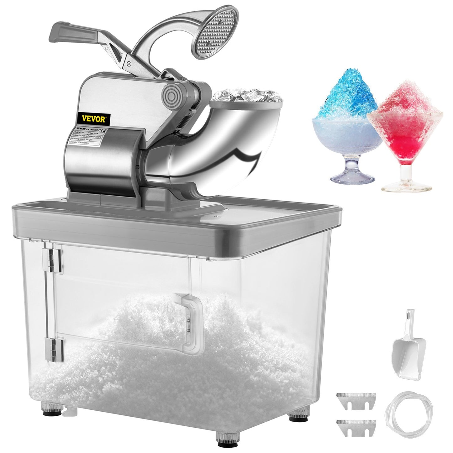 US Local VEVOR 110V Commercial Ice Crusher , ETL Approved 300W Electric Snow Cone Machine With Dual Blades, Stainless Steel Shaved Ice Machine With Safety