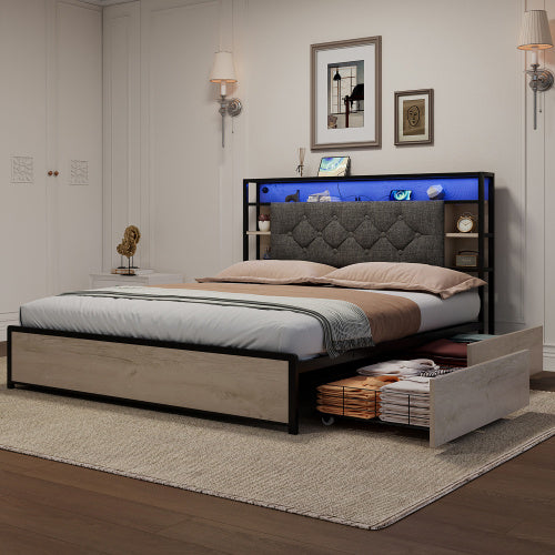 UK Local 4ft6 Double Bed With 4 Storage Drawers, Bed Frame With Concealed Headboard Storage, Button Tufted Headboard With LED Lighting And Charging Station, Vintage Rustic Wooden, Linen, Grey