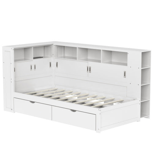 UK Local Platform Bed With Trundle  Bookcase  USB,Single Bed-3ft 90x190cm,Household Bed, Multifunctional Bed,with 2 Storage Drawers, Dust-proof Cabinet And Shelves, Large Storage Space,white