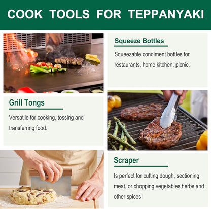US Local Grilljoy Griddle Accessories Set With Robust Plastic Handle, All-in-One Griddle Tools Kit For Flat Top Grills Teppanyaki Hibachi, Stainless Steel Grill Spatula Kit For Outdoor Camping Grilling