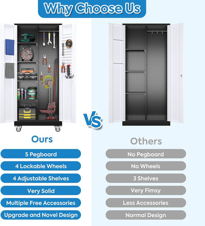 US Local Broom Closet Storage Cabinet, Metal Cabinets With 13 Hooks And Hanging Rods, Metal Storage Cabinet, Heavy Duty Cleaning Cabinet For Garage, Laundry Room
