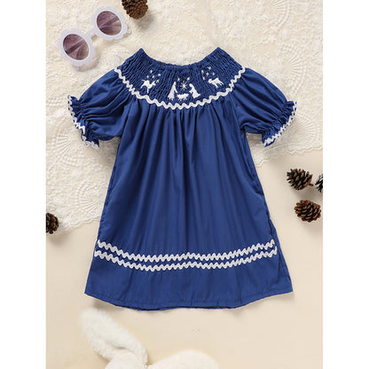 US Local Toddler Infant Girl Christmas Santa Embroidery Short Sleeve Princess Party Dress Smocked Baby Girl Clothes
