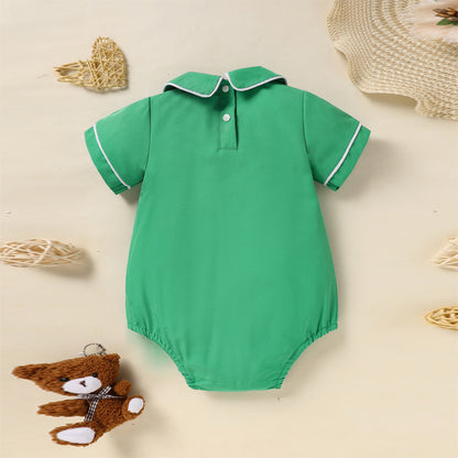US Local Baby Green Lapel Short Sleeve Romper Clover Print Button Detail Playsuit With Snap Closure