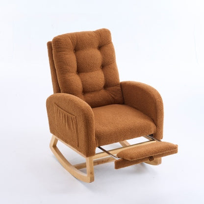 US Local LY-5104 Caramel Accent Rocking Chair With Footrest High Back Rubber Wood Rocking Legs Bedroom Living Space 26.77D X 38.36W X 39.76H Inch