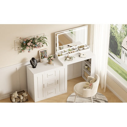 US Local 59 Makeup Vanity Desk With Mirror, Vanity Mirror With Lights, Dressing Table With 3 Drawers And 2 Cabinets, Vanity Table With Storage Shelves For Bedroom, White