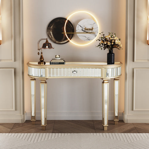 US Local 47 Half Moon Mirrored Console Table With Fluted Glass Crystal Knob Drawer Silver Entryway Vanity Desk For BedroomDressing RoomGold Sliver