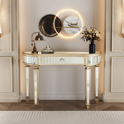 US Local 47 Half Moon Mirrored Console Table With Fluted Glass Crystal Knob Drawer Silver Entryway Vanity Desk For BedroomDressing RoomGold Sliver