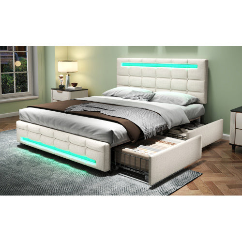UK Local 4ft6 Double Upholstered Bed With LED Lighting And Storage Drawers, Linen Fabric Storage Bed Frame With Adjustable Button Tufted Headboard, No Box Spring Needed, Easy Assembly, Beige
