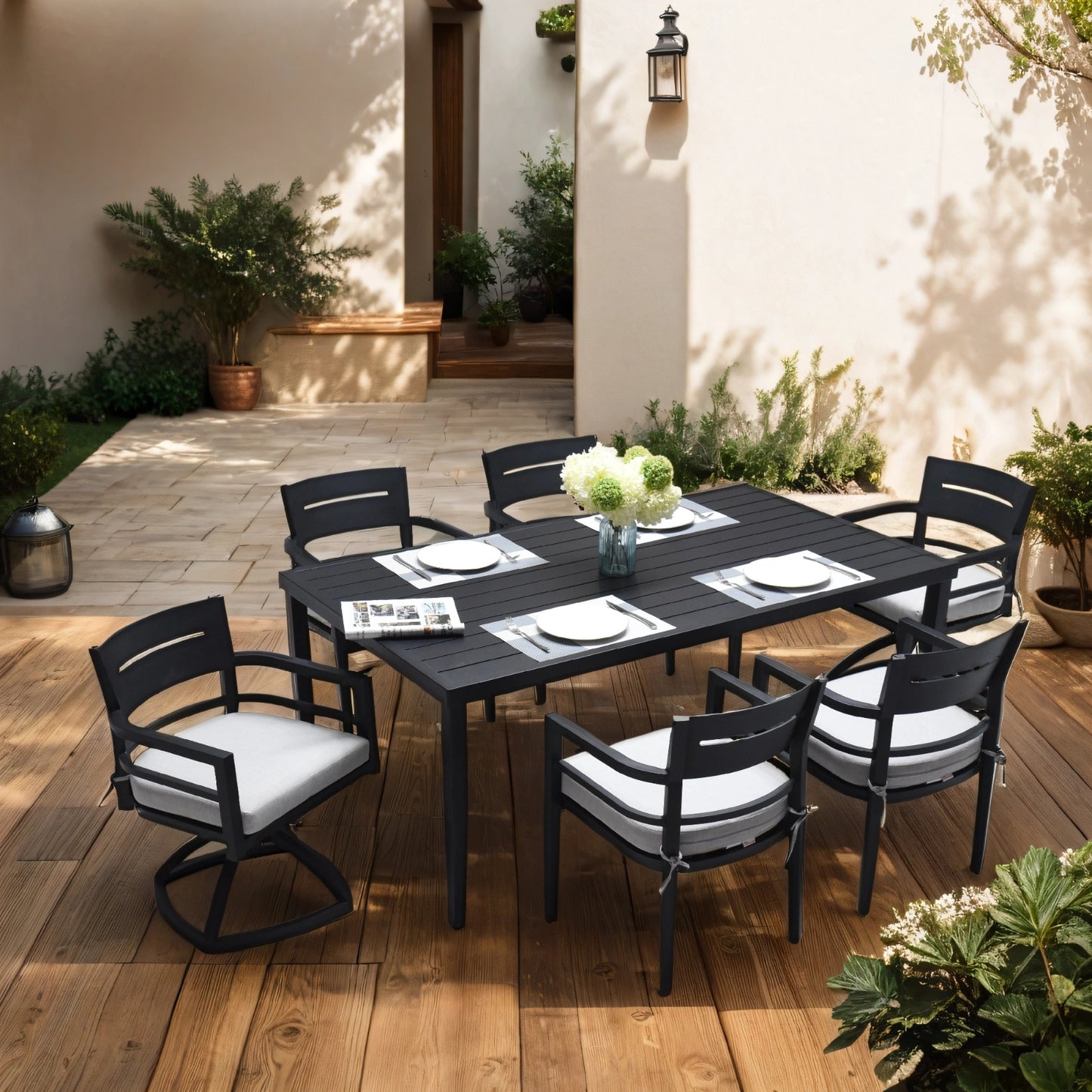 US Local Outdoor Patio Aluminum 40x70 Rectangle Dining Table With Tapered Feet Umbrella Hole, Ember Black