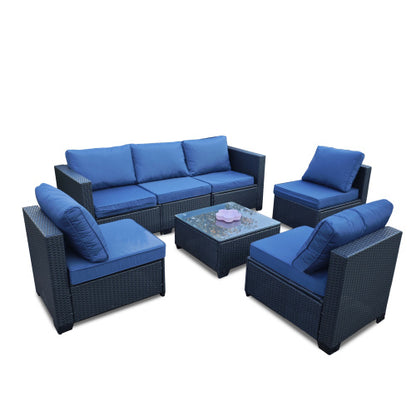 US Local Seven-Piece Sofa Set Table With Sofa Chair Black PE Rattan Outdoor Furniture 7-JH001 Box 3-1-2-3 With Blue Color Cushion