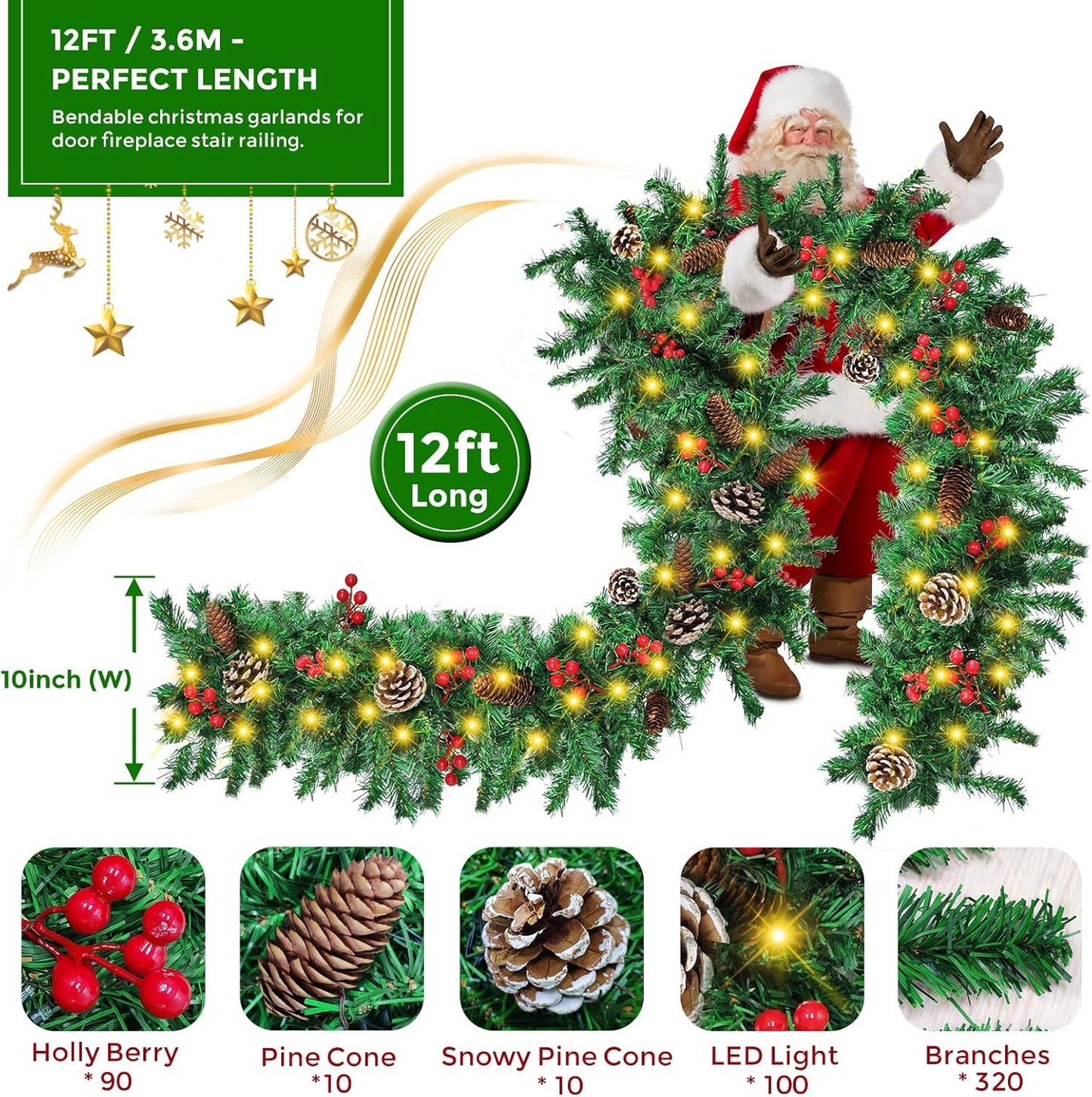 12FT Christmas Garland With Assorted Decor - Build Wreaths Or Lay Flat, Festive Must - Have