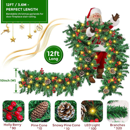 12FT Christmas Garland With Assorted Decor - Build Wreaths Or Lay Flat, Festive Must - Have