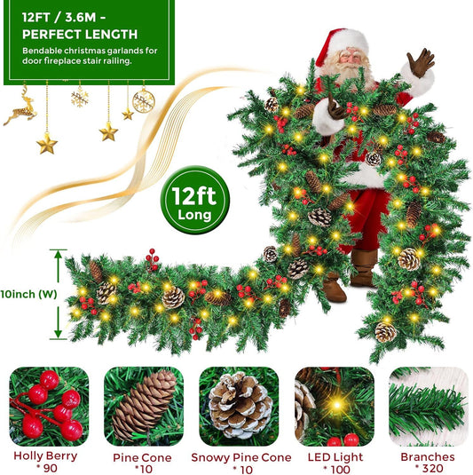 12FT Christmas Garland With Assorted Decor - Build Wreaths Or Lay Flat, Festive Must - Have