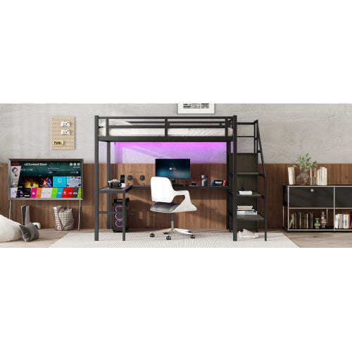 US Local Metal Loft Bed With Wardrobe And Adjustable Shelves