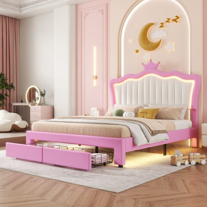 US Local Full Size Upholstered Bed Frame With LED Lights, Modern Upholstered Princess Bed With Crown Headboard, 2 Drawers