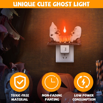 US Local 2 Pcs Ghost Campfire Flickering Flame Night Light Indoor 3D Funny Halloween Nightlight Decoration Bedroom Night Light Halloween Decoration Gift For Friend Family
