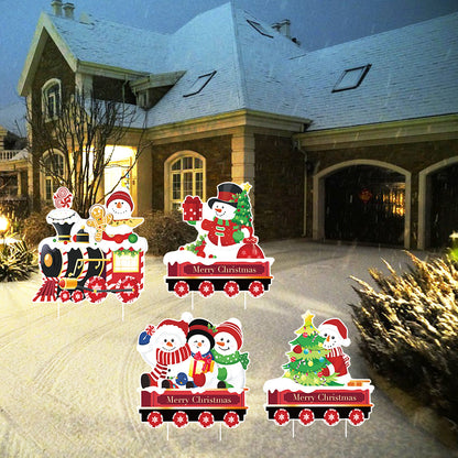 US Local 4 Pack Christmas Yard Signs With Plastic Stakes Xmas Train Snowman Christmas Tree Gift Lawn Signs For Yard Fence Garden Lawn Xmas Holiday Outside Decoration Supplies