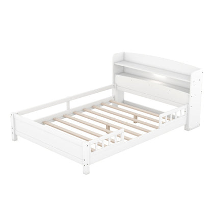 US Local Wood Full Size Platform Bed With Built-in LED Light, Storage Headboard And Guardrail, White