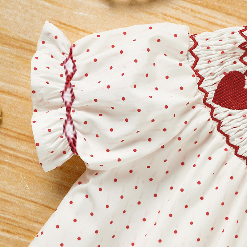 US Local Baby Girl's Valentine's Day Dress Short Sleeve Red Heart Embroidery Dress With Headband Smocked Princess Party Dress
