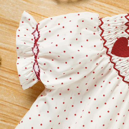 US Local Baby Girl's Valentine's Day Dress Short Sleeve Red Heart Embroidery Dress With Headband Smocked Princess Party Dress